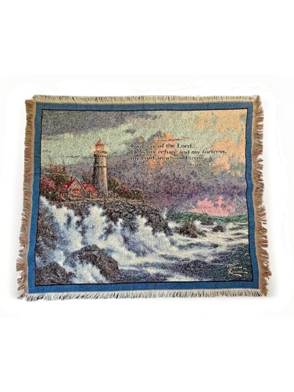 Thomas Kinkade Psalm 91:2 Lighthouse Tapestry Throw Blanket Fringe 56" x 48"